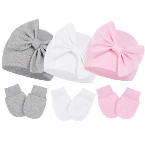 Zando 3Pcs Infant Hat and Gloves Set Soft Newborn Hats for Girls Knit Baby Hats with Bow No Scratch Mittens 0-3 Months