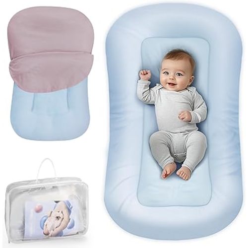 Baby Lounger - Baby Lounger Pillow for Newborn, 0-24 Months, Infant Lounger for Home and Travel, Soft Cotton, Co Sleeping Baby Nest, Newborn Babies Essentials Gifts, ZumaBlue (Lounger Cover Included)
