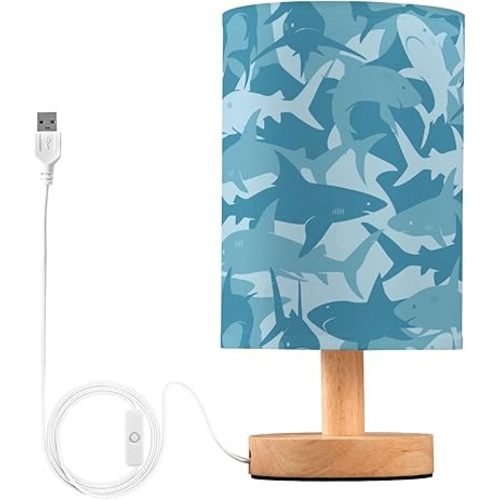 Table Lamp Blue Shark Pattern Marine Animal Nightstand Lamp with Wood Base Fabric Lamp Shade Bedside Desk Lamp for Living Room Bedroom Kids Room Office