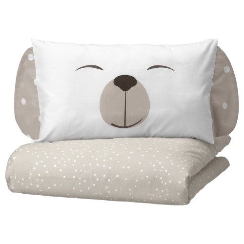 DRÖMSLOTT 3-piece bedlinen set for crib - puppy pattern/beige 27 ½x52 "