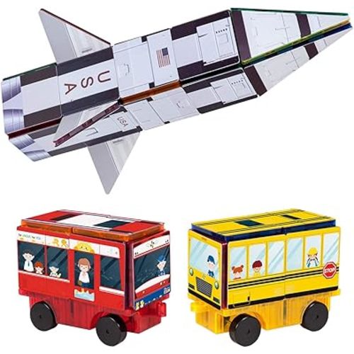 PicassoTiles Magnetic Tiles Building Blocks 64pc STEM Toy Set for Kids 3-in-1 Rocket Train School Bus Theme Educational Construction Puzzle Kit Toddler Magnet Tile Toys for Boys & Girls Age 3+ PT64