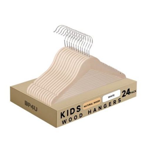 BP4U 24-Pack Kids Wooden Hangers with Pants Bar, Unfinished Ultra-Slim Baby & Toddler Solid Wood Clothes Hangers with 360° Swivel Hook - Natural Wood