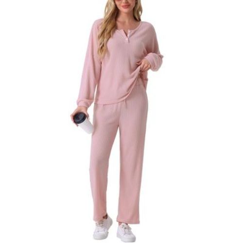 cheibear Women's Waffle Knit Lounge Sweatsuit Sets Long Sleeve Shirt and Pants Pajama Set