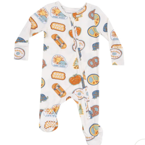 2 Way Zipper Footie 0-3 m - Groovy Vibes Stickers  Tan