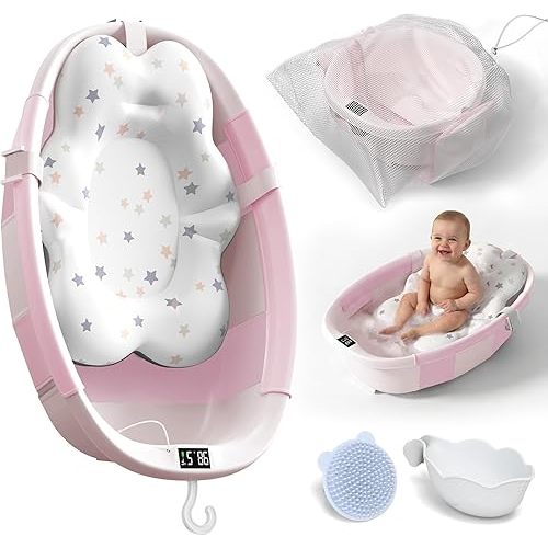 Collapsible Baby Bathtub - Large Baby Bath Tub with Thermometer | Bath Essential Bañera para Bebe Easy Fold Baby Tub | Travel Infant Newborn Toddler Bathtub for Baby Girl Boy 0 to 36 Months (Pink)
