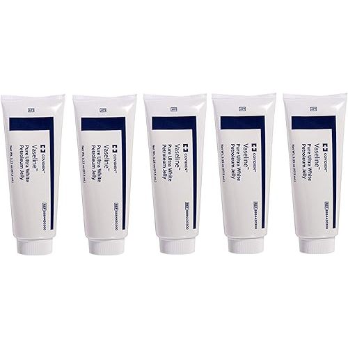 5 Pack Medical Grade Vaseline Pure Ultra White Petroleum Jelly, 3.25 oz (97.5 mL) Tubes ONLY by Kendall/Covidien