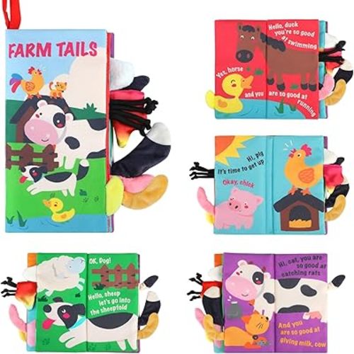 beiens Baby Books Toys, Touch and Feel Crinkle Cloth Books for Babies, Infants & Toddler, Early Development Interactive Car & Stroller Soft Toys for Boys & Girls (Farm Tails-1 Book)