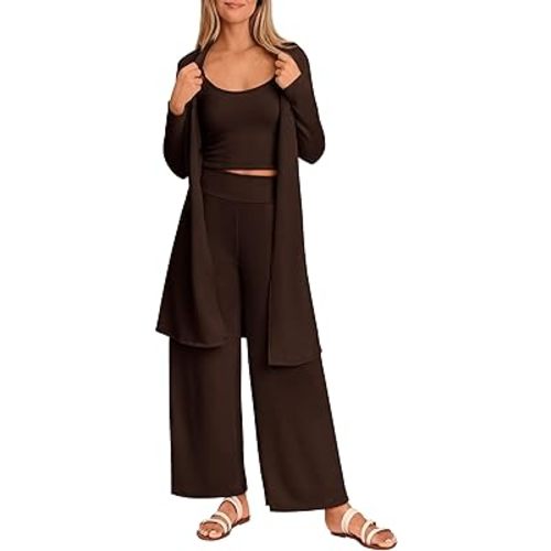 PRETTYGARDEN Women's Spring 3 Piece Pajamas Lounge Sets Fall Ribbed Knit Long Cardigan Cropped Tank Tops Wide Leg Pants