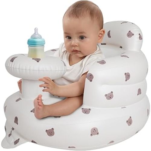 Zenflux Inflatable Baby Chairs with Tray for Babies 3 Months and Up, Sit Me Up Floor Seats for Sitting Up, Built in Air Pump Baby Seats for Kids, Blow Up Baby Chair with Back Support - Cute Bear