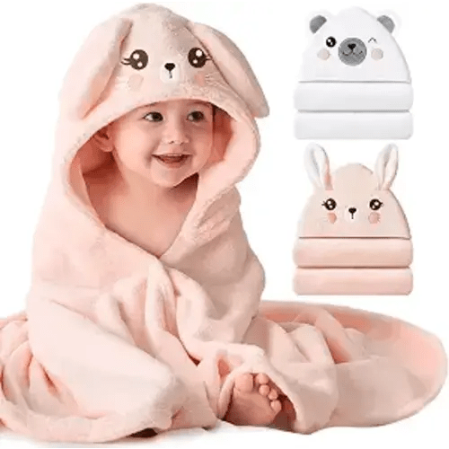 Konssy 2-Pack Hooded Baby Towels, Plush Fleece Animal Bath Towel with Hood | 32 x 32 In, Soft & Absorbent Plush Fleece, Bath Set for Newborns, Toddlers, Infants, Boys and Girls (Pink Rabbit,bear)