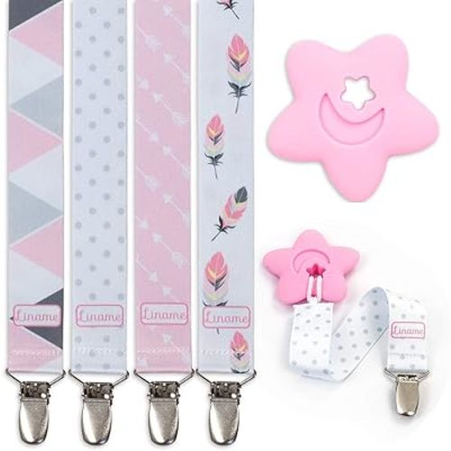 Liname Neutral Pacifier Clip with Teething Toy - 4 Pack Pacifier Clips for Boys & Girls - Binky Holder Soothie Paci Clip Binkie Clip - Unisex Pacifer Clip Baby Pacifier Clip and Pacifier Holder (Pink)