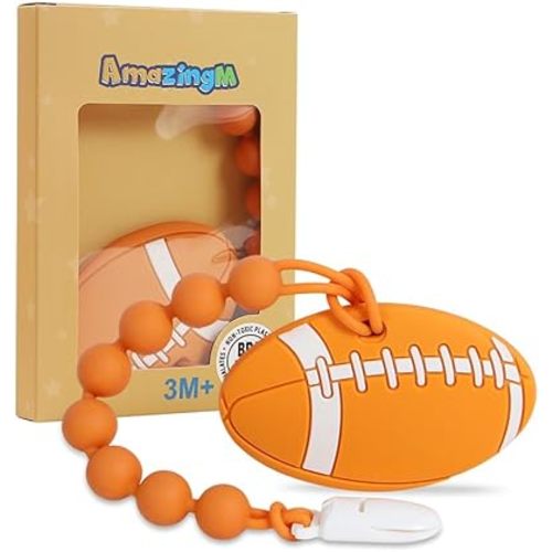 Baby Food Grade Silicone Sport Ball Teether Toy with One Piece Design Pacifier Clip Holder,Teething Pain Relief Toys Gift Set for 3 Months+ Boys and Girls,Freezer Safe,BPA Free. (American Football)