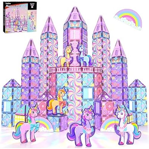 GobiDex 100PCS Unicorn Magnetic Tiles with 6 Unicorns, Princess Castle Unicorn Toys for Girls Age 4-6, Magnetic Building Blocks Toys for 3 4 5 Year Old Girl Birthday Gifts