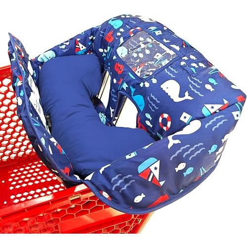 Soft Pillow Attached 2-in-1 Shopping Cart and High Chair Cover for Baby, Cotton Padded Cart Cover, Fold'n Roll Style, Portable with Carry Bag (Navy Blue Whale)