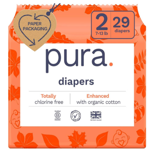 Pura Hypoallergenic Diapers, Size 2 (7-13 lbs) Totally Chlorine Free, Wetness Indicator, Suitable for Sensitive Skin, Soft Organic Cotton Comfort, Overnight, 3 Packs of 29 Diapers (87 Baby Diapers)