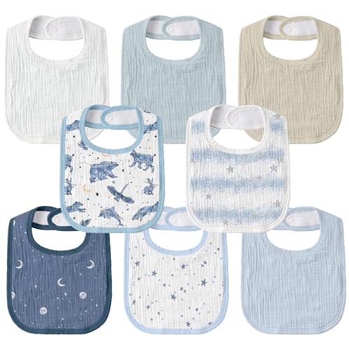 GLLQUEN BABY Muslin Drool Bibs for Boys Girls 8 Pack, Adjustable Baby Bibs for Drooling and Teething, Soft Cotton Baby Bandana Bib for Newborn Feeding Essentials (Star)
