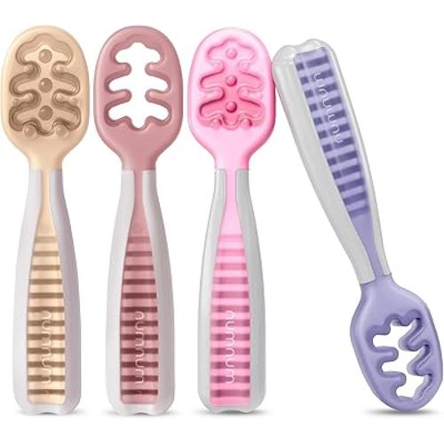 NumNum Baby Spoons Set, Baby Essentials Pre-Spoon GOOtensils for 6+ Months, First Stage Self-Feeding Spoons for Baby Led Weaning (BLW), Silicone Toddler Utensils, BPA-Free, 4 Pack Sweet Dreams