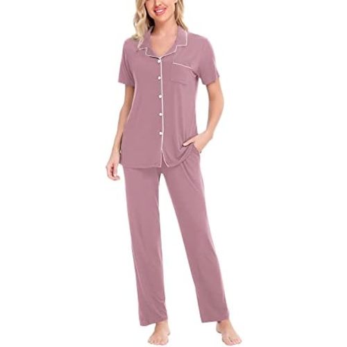 SWOMOG Women Pajama Sets Two-Piece Nightwear Short Sleeve Sleepwear Button Down Pj Lounge Sets with Long Pants