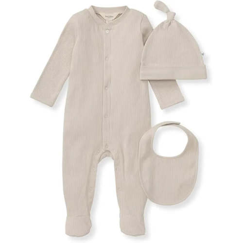 Burts Bees - 3Pk Jumpsuit, Hat & Bib Set, Limestone