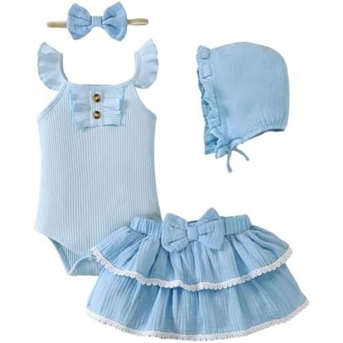 SUNNY PIGGY Baby Girl Outfit Newborn Clothes Short Set Infant Girl's Summer Cute Rufffle Sleeveless Romper 4PCS
