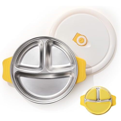 AIEVE Stainless Steel Baby Suction Plates, Stainless Steel Toddler Plate With Lid Divided Plate Anti-slip
