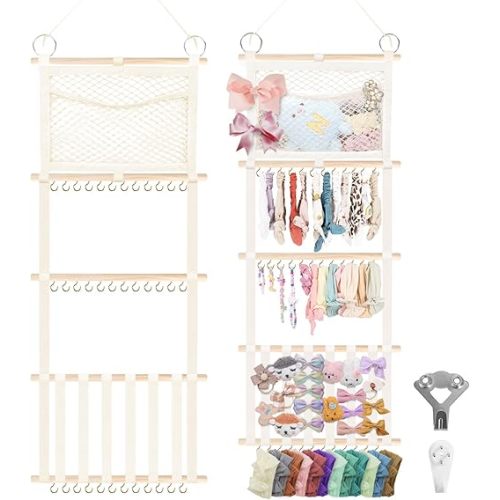 Munzong bow holder for girls hair bows 52x17 inch, Beige Hair Bow Clip Organizer for Baby Girls,Hair Accessories Storage Hanger for Toddler Kids Nursery Room Decor