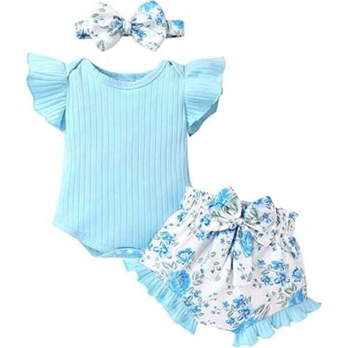 Tiny Cutey Baby Girl Clothes Infant Summer Outfits Set Ruffle Sleeve Romper and Floral Shorts with Headband