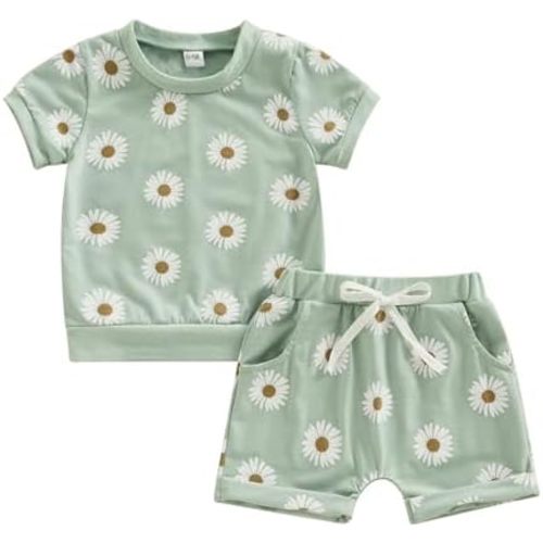 Newborn Baby Girls Summer Shorts Clothes Sets Toddler Infant Floral Short Sleeve T-shirts+Daisy Outfit
