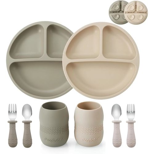 PandaEar Silicone Baby Feeding Set| 2 Pack Silicone Divided Suction Plate and 2 Pack Tiny Cup with 2 Spoons 2 Forks| Baby Led Weaning Supplies Self Feeding Eating Utensils (Silverware Set)