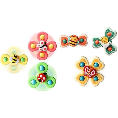 ALASOU 6 PCS Suction Cup Spinner Toys(3 Farm+3 Bee) for Infant and Toddlers