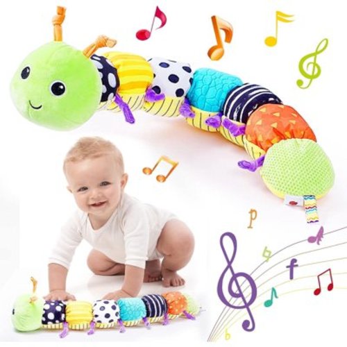 Infant Baby Musical Stuffed Animal Activity Soft Toys, Green Caterpillar with Multi-Sensory Crinkle, Rattle and Textures, for Tummy Time Newborn 0-3-6-9-12 Months Boy Girls