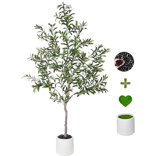 Artificial Olive Trees Indoor,Faux Olive Tree with White Planter Pot,Artificial Plants Lifelike Fruits for Home Office MeetingRoom Living Room Indoor Outdoor Decor(6ft)