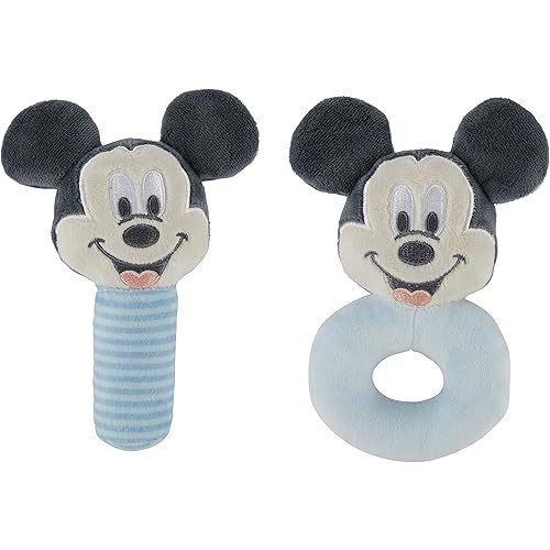 Disney Mickey Mouse Assorted Plush Lovie Rattle Set Pack of 2 - Soft and Cuddly Plush Material, Built-in Rattle for Sensory Stimulation,Vibrant Colors and Intricate Details