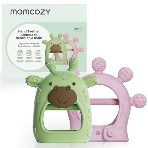 Momcozy Baby Teether Toys | Food Grade Silicone Teething Relief 0-6 Months | Toy 6-12 Months | Baby Essential | Green and Pink