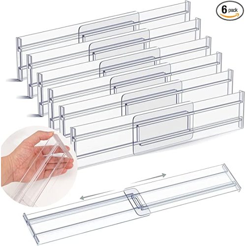 Qearl 6 Pack Drawer Dividers Organizers Adjustable 3.2" High Expandable from 11-20" Kitchen Drawer Plastic Drawers Separators for Clothing Kitchen Utensils Makeup Office Storage(Attached Tape)