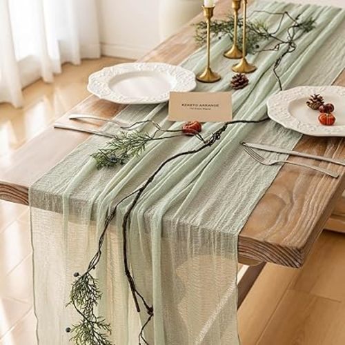 Keketo Sage Green Table Runner Cheesecloth 120 Inch 10 FT Rustic Boho Cheese Cloth Table Runner for Wedding Baby Shower Bridal Shower Sheer Gauze Centerpiece Summer Home Decorations