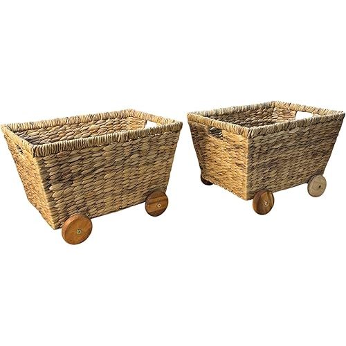 Wicker Toys Storage with Removable Wheels, Set of 2, Heavy Duty Hyacinth Storage Baskets for Organizing, Storage Woven Basket, Rattan Basket, Toys Storage (Water Hyacinth)