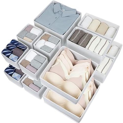 16 Pcs Drawer Organizer,Fabric Closet Organizer and Storage Baskets,Foldable Drawer Divider for Clothing,Sock,Ties,Underwear Drawer Organizers,Cabinet Storage Boxes (White)
