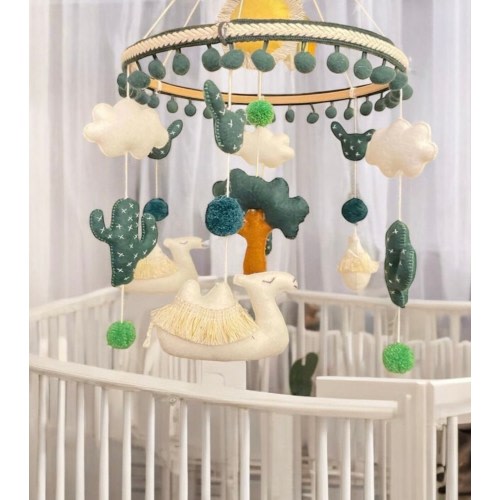 Handmade Baby Movable,Postpartum Mother Gift,Felt Animal Crib Movable, Desert and Camel Design Mobile with Cloud Star Tree, Kids Room Decor