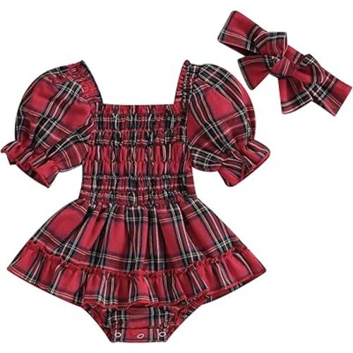 Infant Baby Girls Christmas Romper Red Plaid Bodysuit Dress Toddler Kid Ruffle Sleeve Playsuit with Headband Outfit - 0-3 Months
