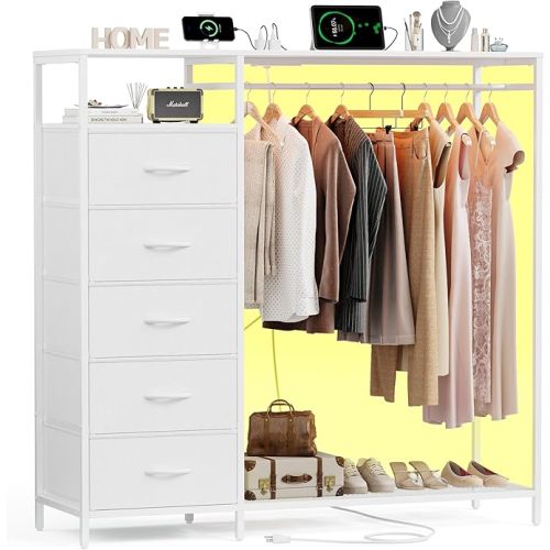 47 Inch White Dresser with LED Lights & Hanging Rack, 5 Drawer Fabric Dresser with Charging Station and Shelves, Tall Closet Organizer for Bedroom Clothes Storage