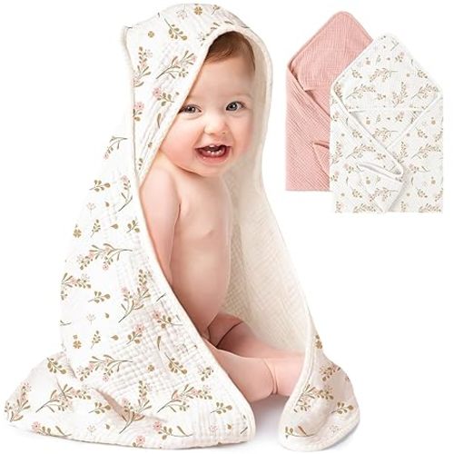 Konssy 2-Pack Muslin Hooded Baby Towels, 100% Cotton, Ultra-Soft & Absorbent Baby Bath Towels with Hood for Newborn & Infant (Pink, Floral,32" x 32")