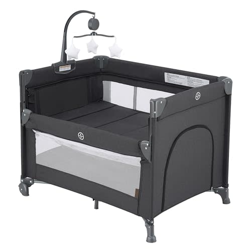 QUTANIX 2-in-1 Pack and Play with Mattress,Baby Bassinet Bedside Sleeper, Bedside Bassinet & Baby Playpen, Easy Folding Portable Crib for Newborn to Toddlers (Dark Grey)