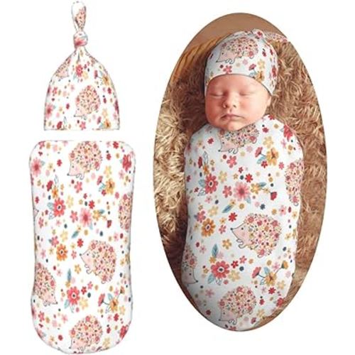 Hedgehog Floral Newborn Swaddle Blankets Hat Sets Soft Baby Receiving Blanket Swaddle Sack for Baby Shower Infant Boy Girl Gift