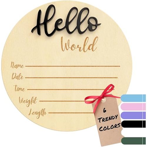 Baby Announcement Sign – 6” Wooden Hello World Newborn Name Sign, Hospital Birth Stat Plaque, Gender-Neutral Welcome Baby Keepsake, Personalized Photo Prop for Boys & Girls, Newborn Gift (Black)