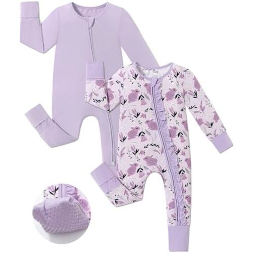 JunNeng Baby Girl Viscose from Bamboo Sleeper with Mitten Cuffs, 2 Way Zipper Romper, Sleep N' Play Pajamas 0-18 Months