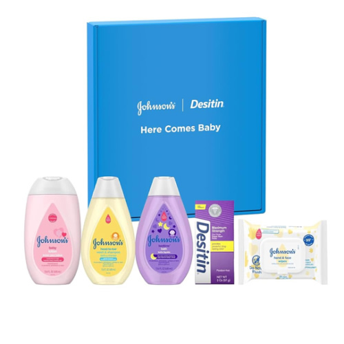Johnson's Baby Here Comes Baby Gift Set, Baby Essentials for New Parents with Moisturizing Lotion, Bedtime Bath, Body Wash & Shampoo, Hand & Face Wipes, & Diaper Rash Cream, 5 Items