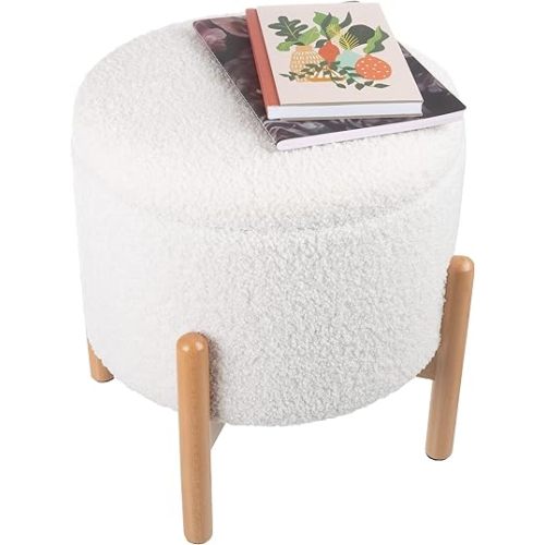 Storage Ottoman - Round Sherpa Footrest or Storage Organizer with Removable Top for Living Room, Dorm, or Apartment by Lavish Home (White)