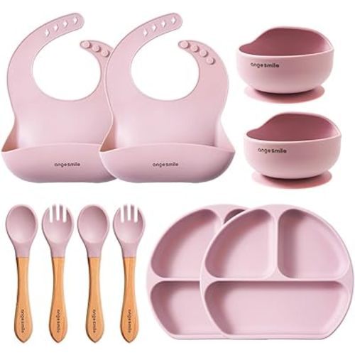 Baby Feeding Essentials Silicone Ange Smile 12 Set Bib, Baby Bowl, Suction Plate, Spoon, Fork Eating Utensils for 6+ Months Kids Toddler Kawaii (Pink)