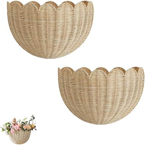 Wave-Edge Wall Basket, Handmade Woven Wicker Wall Basket for Home Decor, Hanging Curved-Design Wicker Wall Baskets for Bedroom, Bathroom Storage, Front Door (2PCS)